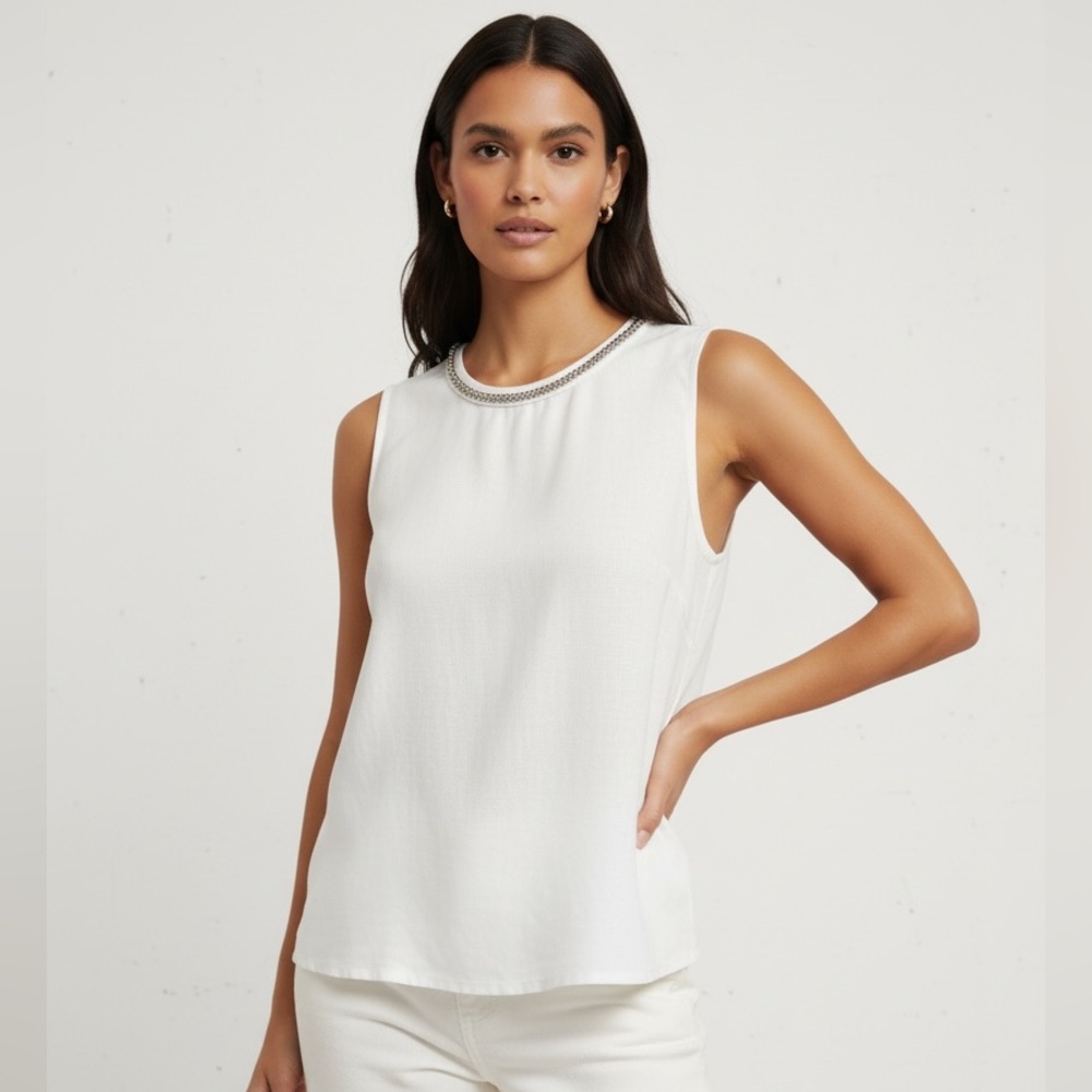 NWT Calypso St. Barth White 100% Linen Hand-Beaded Sleeveless Blouse M